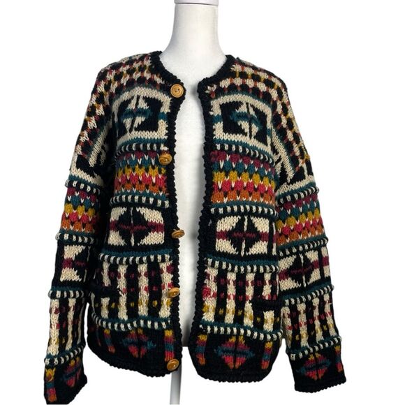 Express Vintage Tricot Chunky 3-D Hand Knit Wool Cardigan Sweater Size Small 90s - Picture 10 of 13